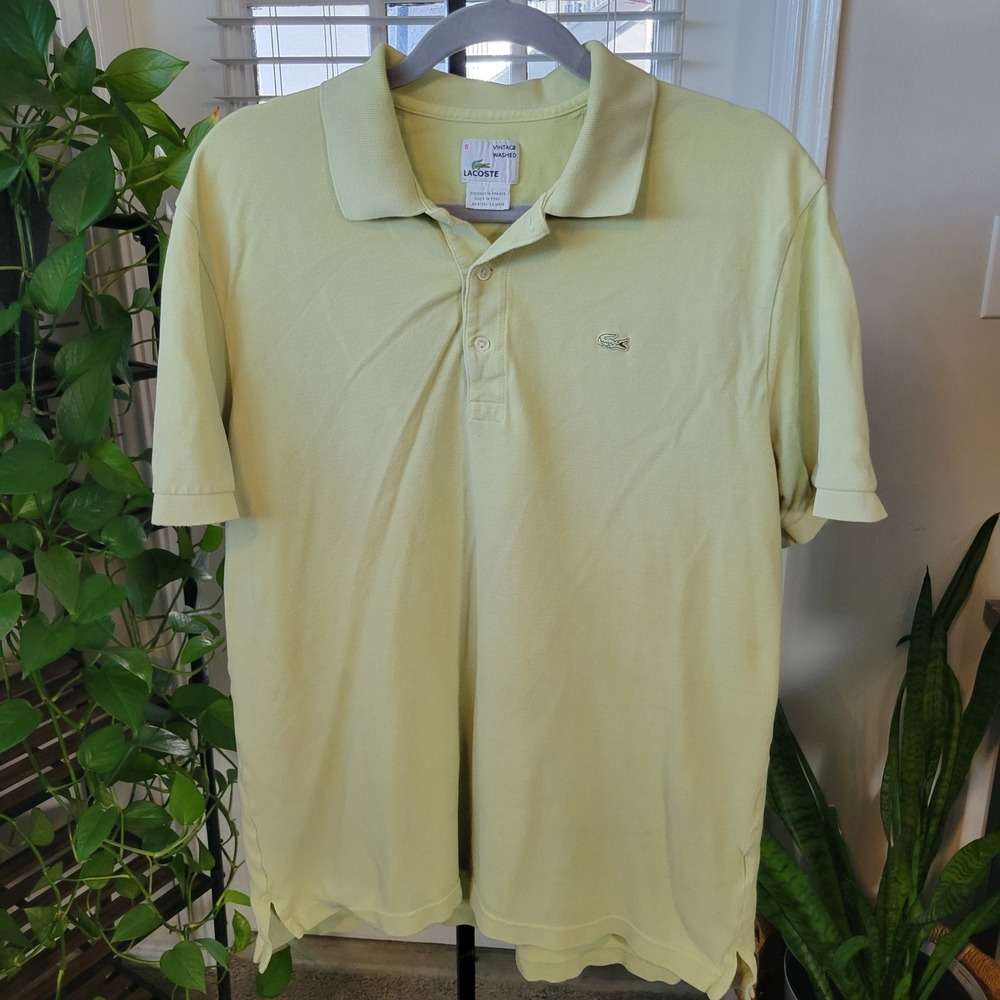 Lacoste Vintage Washed Polo Shirt Mens Size 6 Pale Yellow Short Sleeve Pique